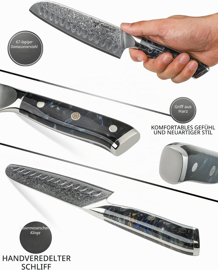 Damastmesser 18 cm Santokumesser - Japanisches Kochmesser - VG 10 Damaskus Stahl Küchenmesser mit Ha