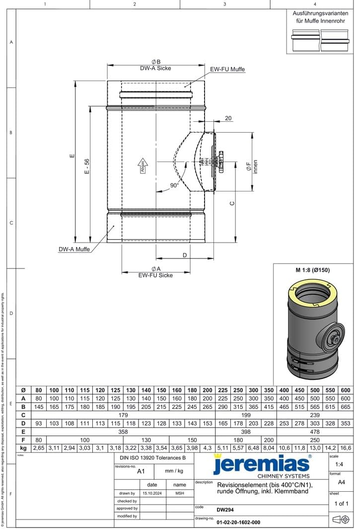 Jeremias DW-FU 400mm Längenelement mit Revision Edelstahl Abgassystem für Öl Gas bis 400Grad N1 400