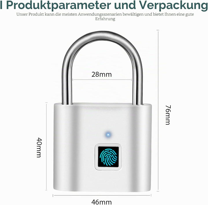 SPORWAY Fingerabdruck Schloss, USB-Aufladung Vorhängeschloss Schlüsselloses Schloss IP55 Wasserdicht