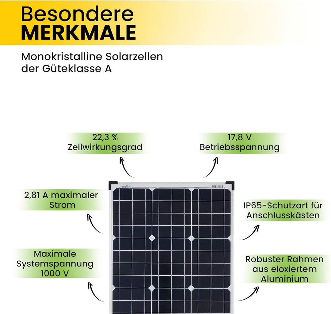 Offgridtec 50 Watt Solarmodul/Solarpanel/Solarzelle 12V, 3-01-001260