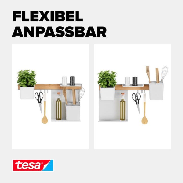 tesa Küchen-Organizer Kombi-Set M - selbstklebende Küchenleiste mit Kräutertopf, 2 Ablagen, Küchenut