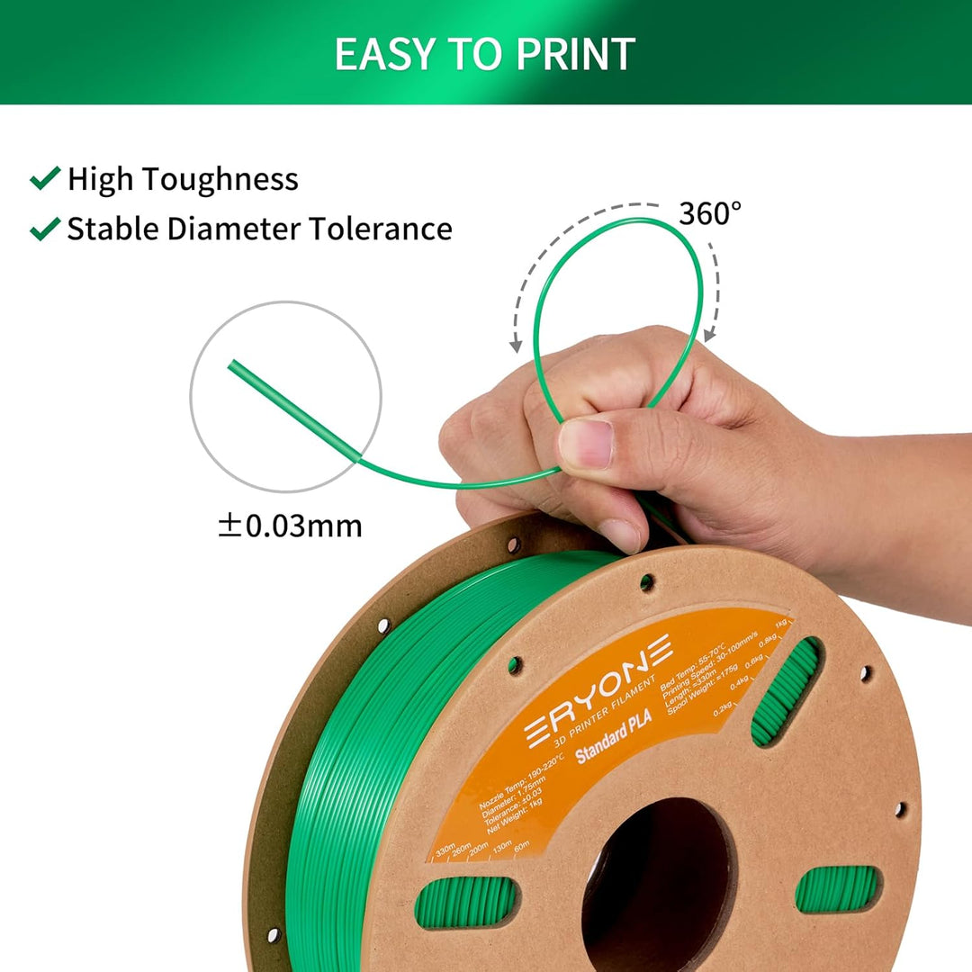 ERYONE PLA Filament 1.75 mm, 3D Drucker Filament PLA, Massgenauigkeit +/- 0,03 mm 1 kg/Spule, Grün A
