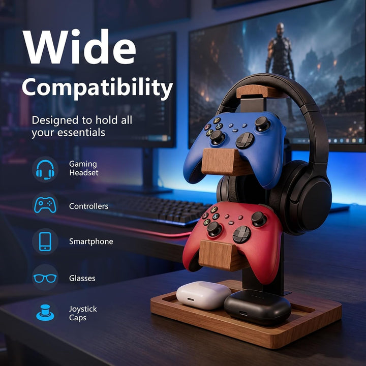 Headset Halterung aus Holz, 2-in-1-Controller-Halter und Kopfhörer-Ständer | Doppelstöckiges Aufbewa