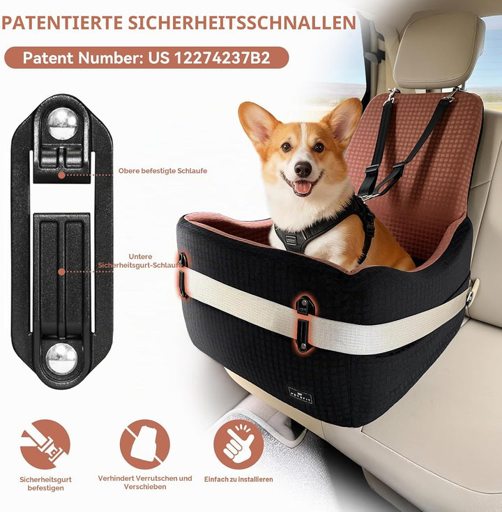 PETSFIT Autositz für kleine/mittelgrosse Hunde bis 15 kg – Patentiertes Sicherheitssystem, 15cm Erhö