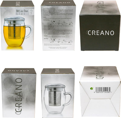 Creano Teeglas All in one 400ml 2er Set, Grosse Teetasse mit Edelstahlsieb und Deckel aus Glas, Teeb