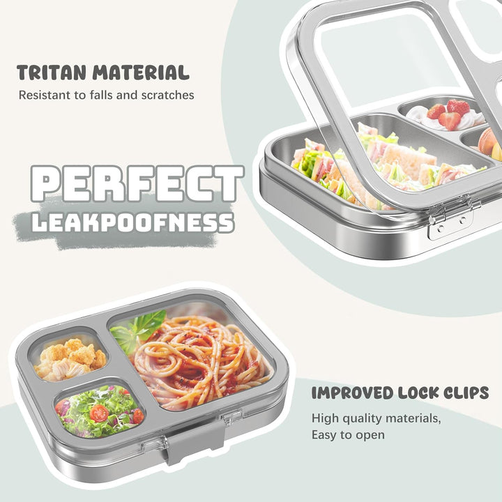 VITONIS Edelstahl Brotdose Lunchbox mit 3 Fächern, Bento Lunch Box Kinder Auslaufsicher BPA frei, Sp