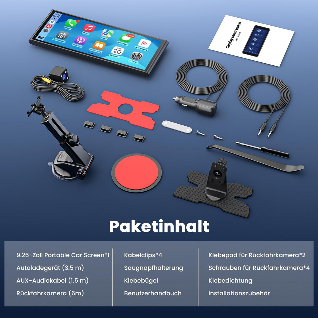 Krunia 9,26" Drahtloses Tragbares CarPlay Display für Apple CarPlay & Android Auto, OTA-Updates, Rüc
