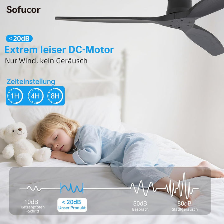 Sofucor 132cm Deckenventilator mit Fernbedienung, Massivholz Deckenventilator ohne Licht, Leise DC M