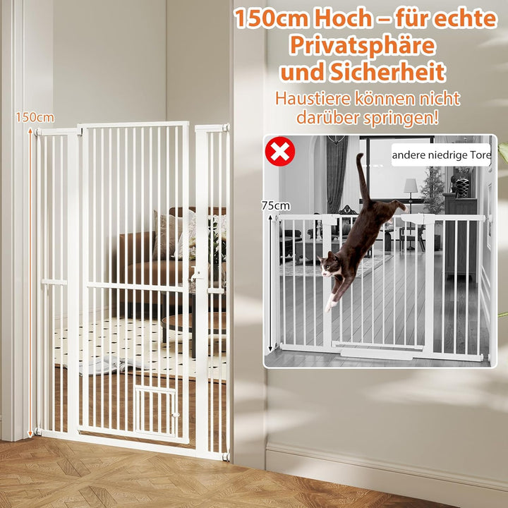 GYMAX extra hohes Haustiergitter, Türgitter Hunde mit Verriegelbarer Katzenklappe, 2 Verlängerungsse