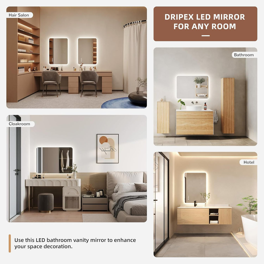 Dripex Badezimmerspiegel Led Badspiegel, Rechteckig, Touch-Schalter, Dimmbar, 3 Lichtfarbe Einstellb