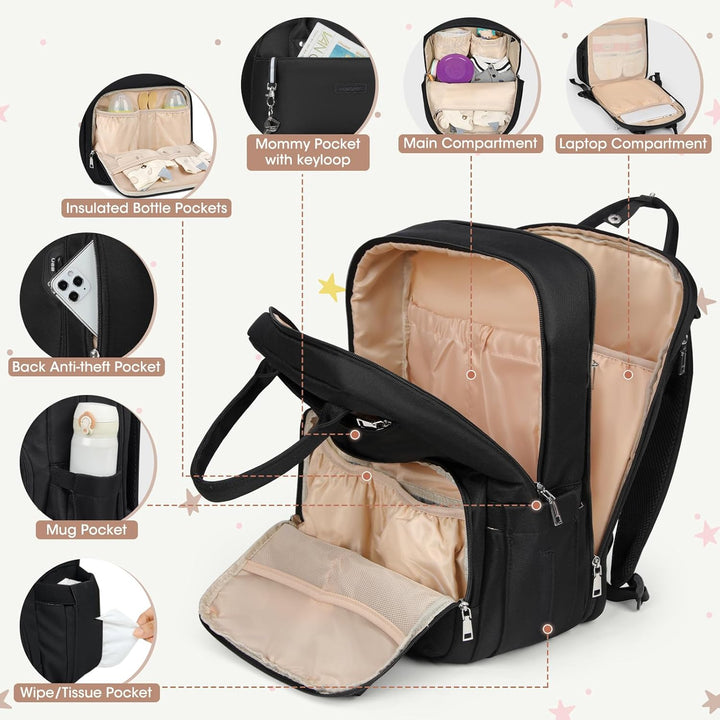 RAINSMORE Wickelrucksack Baby Wickeltasche Rucksack mit Wickelunterlage Unterwegs Gross Diaper Bag M