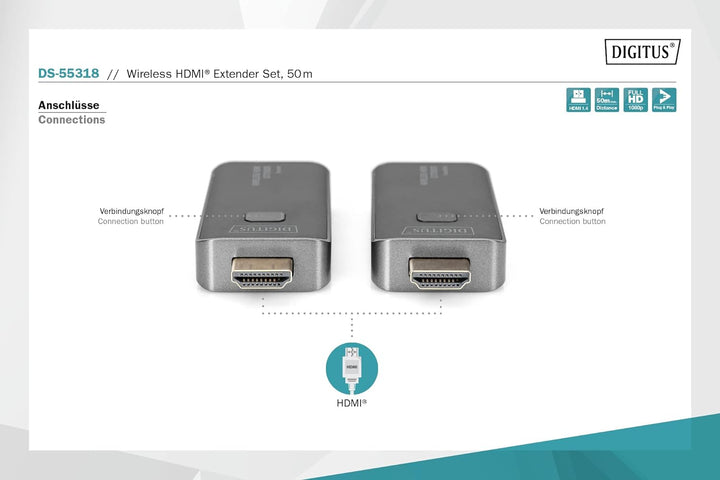 DIGITUS Wireless HDMI-Extender - 50 m Reichweite - Full-HD 1080p 60 Hz - Punkt-zu-Punkt - Plug&Play