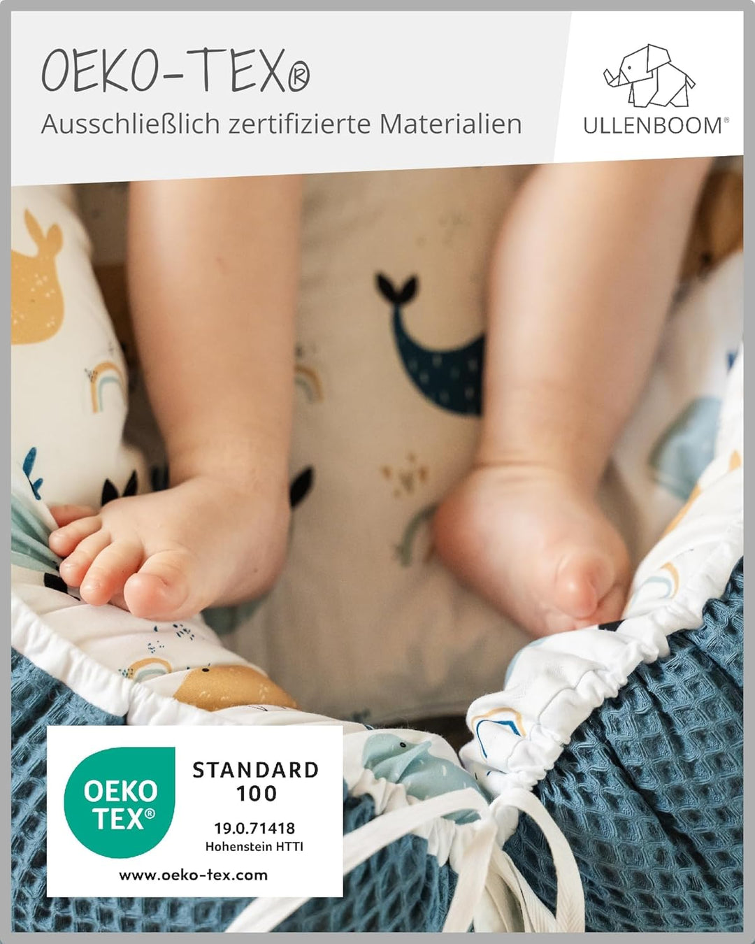 ULLENBOOM ® Babynest & Kuschelnest (55x95 cm) Blau-Wale (Made in EU) - Baby Nestchen aus Baumwolle,