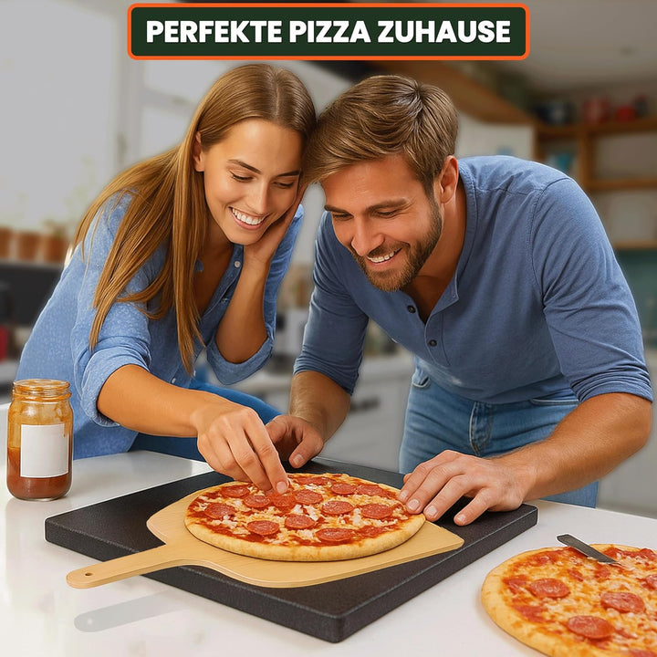 Pizzastein, Brotbackstein aus glasiertem Cordierit 375x295x19mm mit Holzschieber 46x30cm