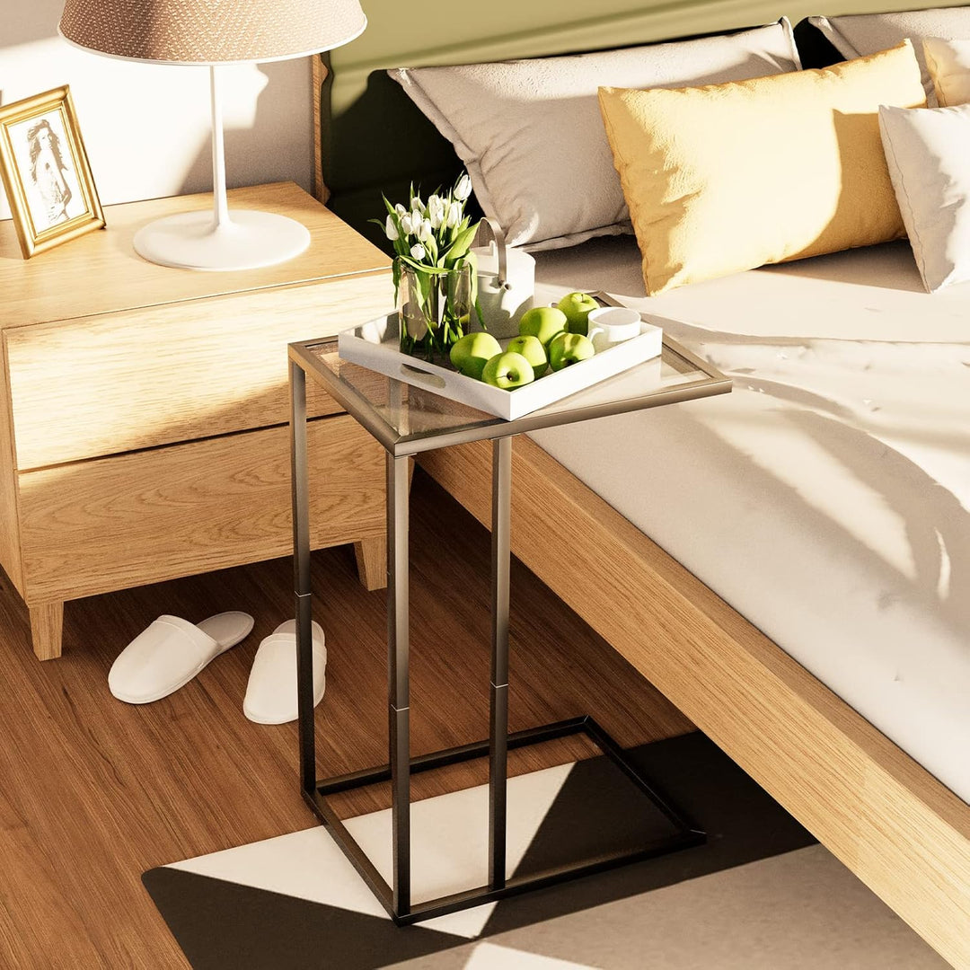 Huhote C-förmiger Beistelltisch 2er Set, Glas-Beistelltisch für Couch, Sofatisch mit Metallrahmen, C