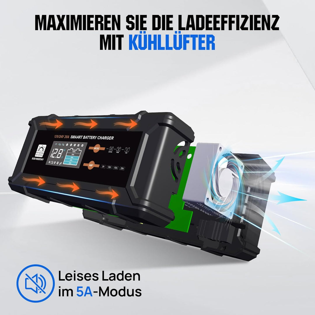 ECO-WORTHY 12V/24V 20A LiFePO4 Batterieladegerät mit Multi-Current Optionen 5A/10A/15A/20A,automatis