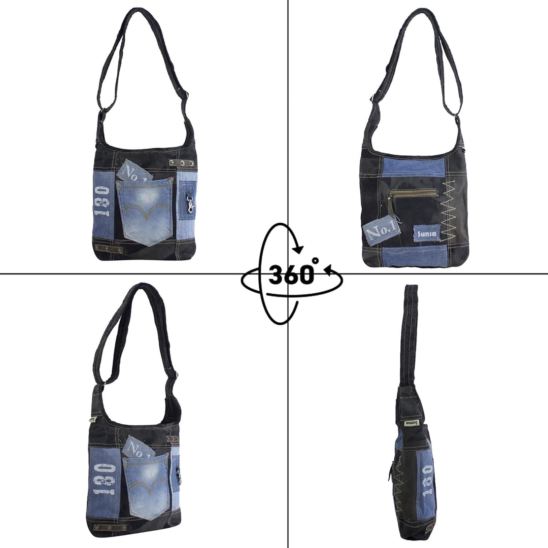 Sunsa Damen Umhängetasche aus Recycelte Jeans Canvas & Leder. Hobo Tasche schwarz/blau
