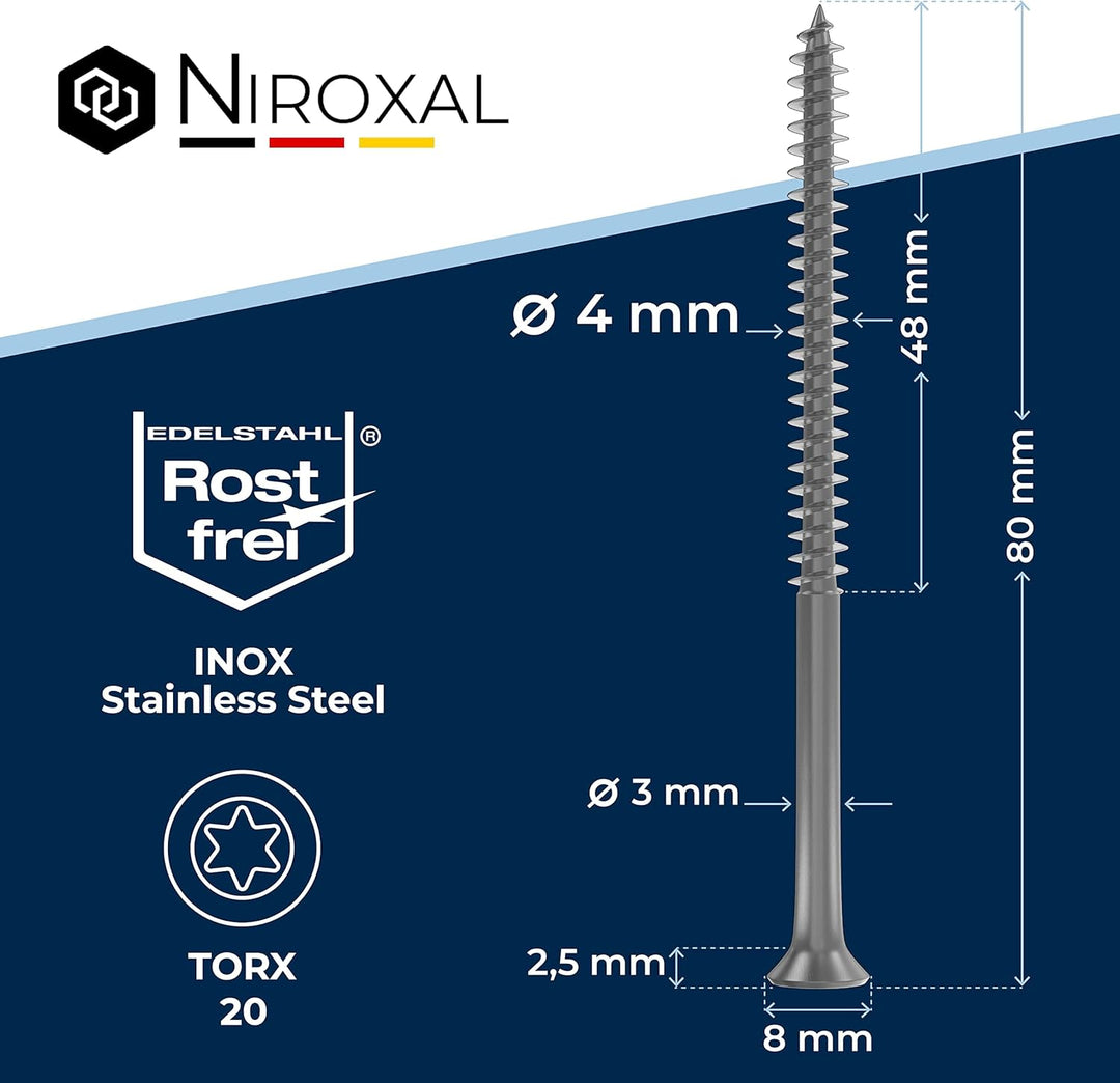 Edelstahlschrauben Torx Holzschrauben 4x80 Edelstahl V2A rostfrei Spanplattenschrauben für Holz Teil