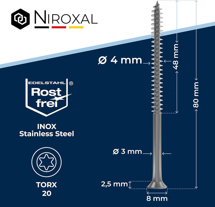 Edelstahlschrauben Torx Holzschrauben 4x80 Edelstahl V2A rostfrei Spanplattenschrauben für Holz Teil
