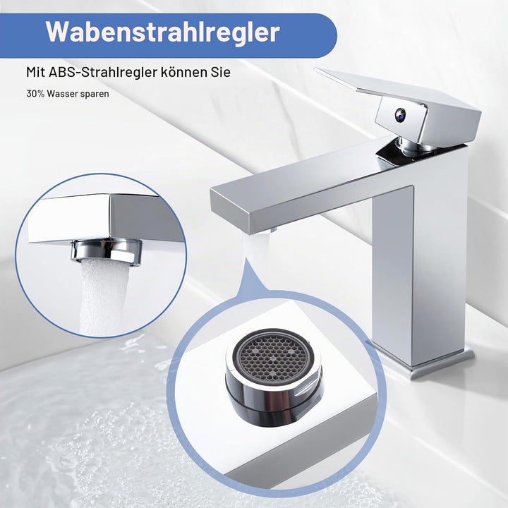Wasserhahn Bad Waschtischarmatur Chrom mit Pop-Up Ablaufgarnitur, Eckig Wasserhähne Bad mit Auslauf