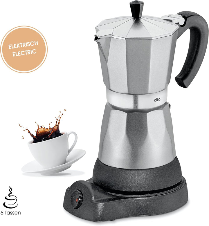 cilio Espressokocher Classico für 6 Tassen | elektrisch 480W | Ø 11,5 cm Höhe: 25 cm | Aluminium | S