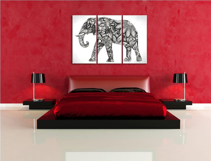 Elefant mit Ornamenten Spezial 3-Teiler Leinwandbild 120x80 Bild auf Leinwand, XXL riesige Bilder fe
