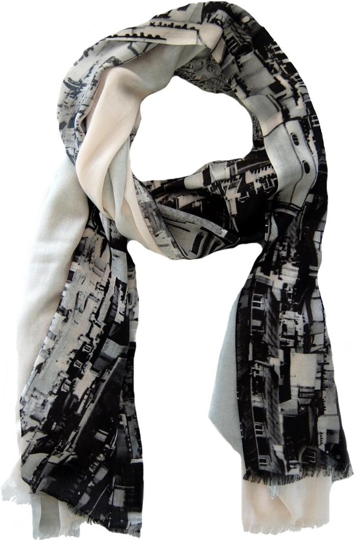 Striessnig Wien – Blauer Damen Schaltuch, 100% Modal Stola, grosses Halstuch Hellblau Motiv Skyline