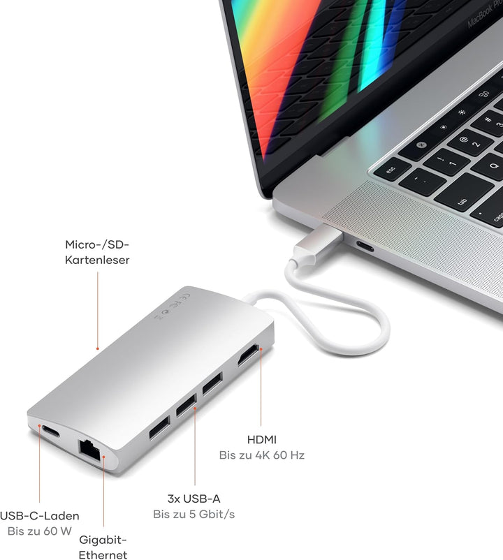 SATECHI 8-in-1 USB-C-Hub mit Ethernet, HDMI 4K@60Hz, 60 W PD-Ladefunktion, 3 x USB-A 10 Gbit/s, Date