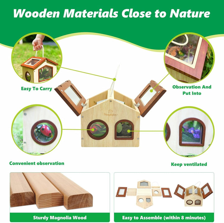 Kids Bug Catching Kit, 6-in-1 Natur Entdeckung Kit mit atmungsaktivem Holz Critter Habitat House, 15