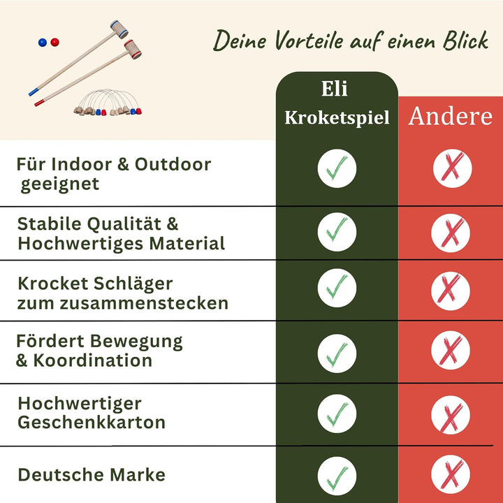 Eli® Krocket Spiel für Kinder inkl Schläger - Ziele und Bälle aus Holz - Crocket Set für Indoor und