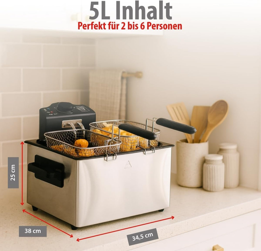 alpina Fritteuse - 3 Körbe - 5 Liter - 2000 Watt - Thermostat bis 190 °C - Anti-Heizung - Edelstahl