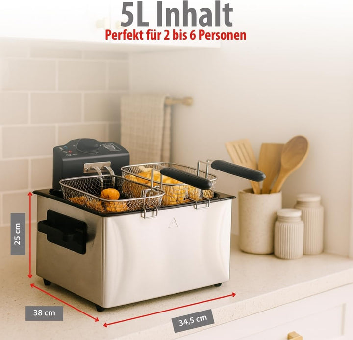 alpina Fritteuse - 3 Körbe - 5 Liter - 2000 Watt - Thermostat bis 190 °C - Anti-Heizung - Edelstahl