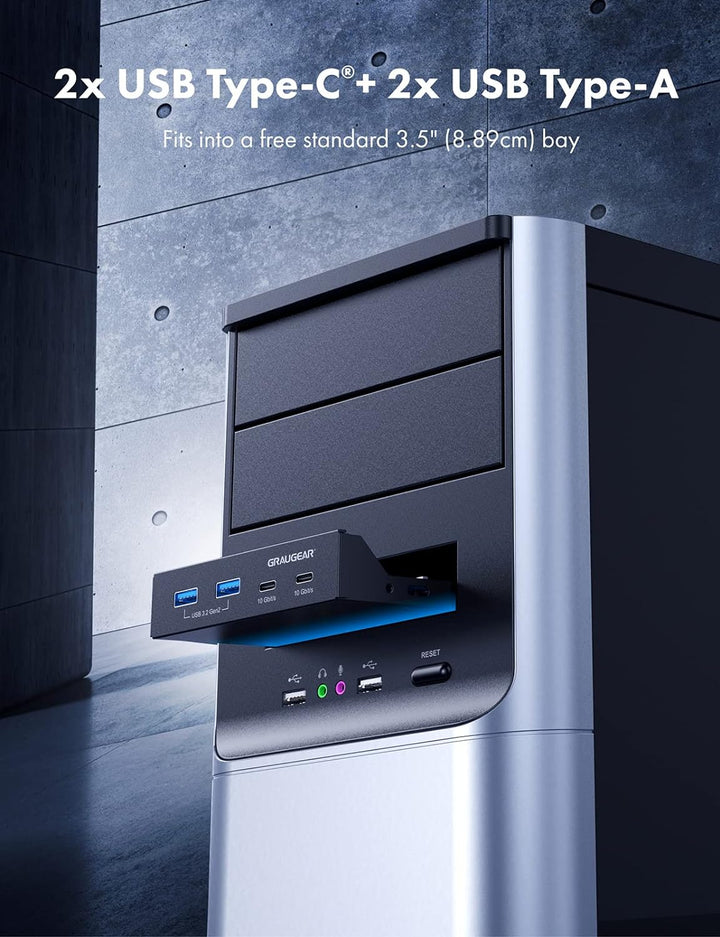 GRAUGEAR | 4 Anschlüsse 10Gbit/s Front-Panel | 2X USB-C+2X USB-A USB3.2 Gen2 HUB | Frontblende für 3