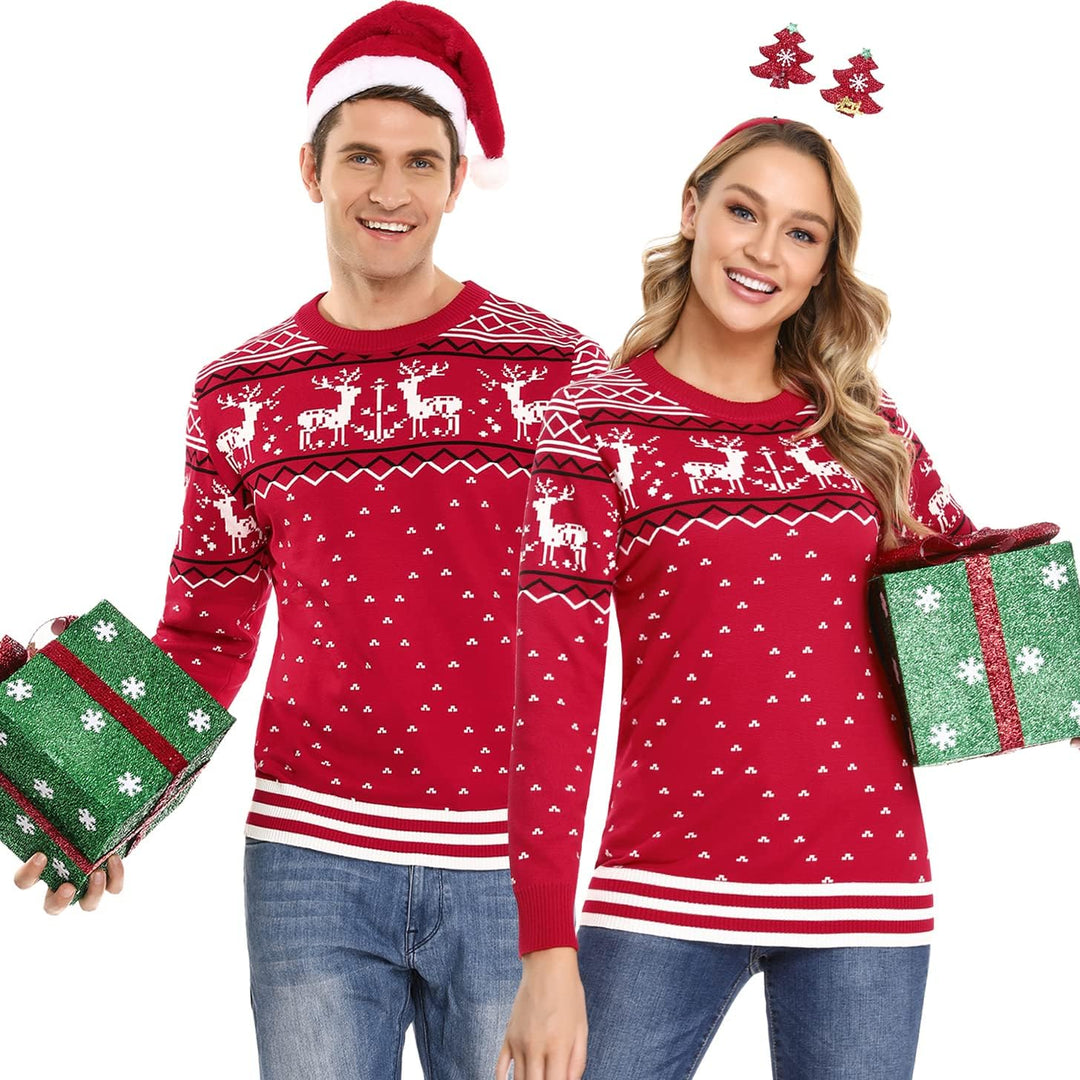 Litherday Weihnachtspullover Herren Strickpullover mit Rentiermuster, B-rot, S