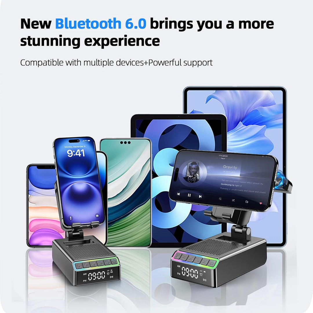 Bluetooth Lautsprecher mit Handyhalterung, 9-in-1 Musikbox Bluetooth 6.0 (Querformat/Hochformat) Ind