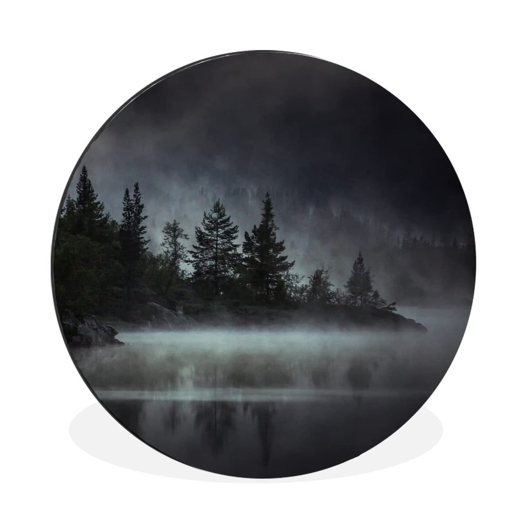 MuchoWow Wandbild Rund Wanddeko Deko Wohnzimmer Bilder 60x60 cm Wald - Nebel - Schwarz - Weiss, 60x6