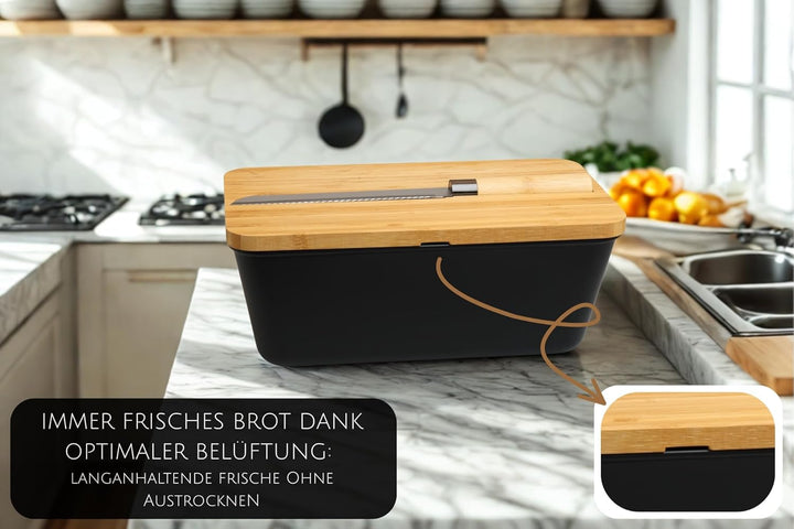 MOON HOME Brotkasten mit Messer - Airlock Black, aus FSC®-zertifizierter Bambus/Holz, PP-Kunststoff,