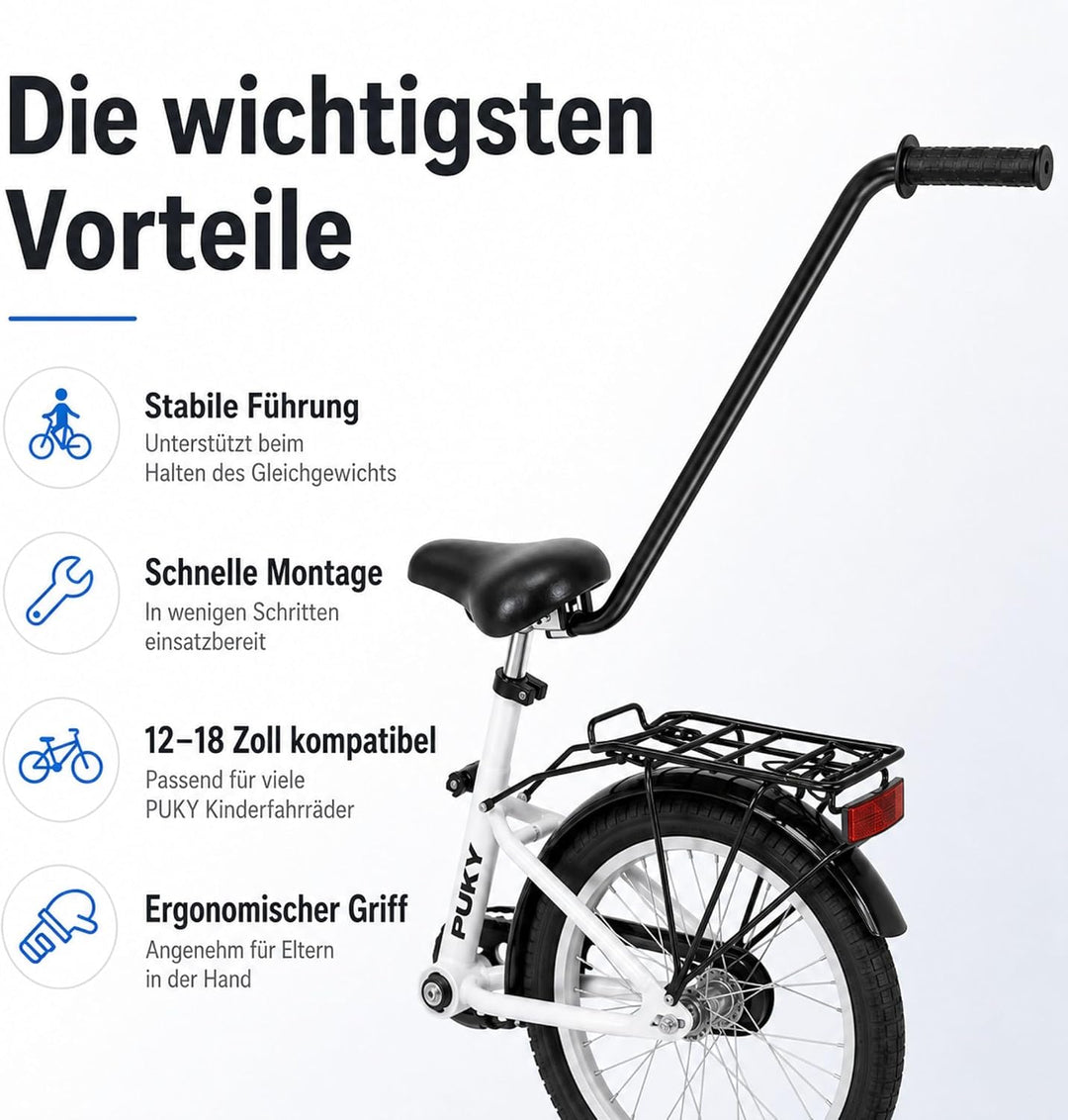 Puky Fahrradlernhilfe Sattel mit Schiebestange Schwarz & Windel Blaubaer | Schnelle Montage, Balance