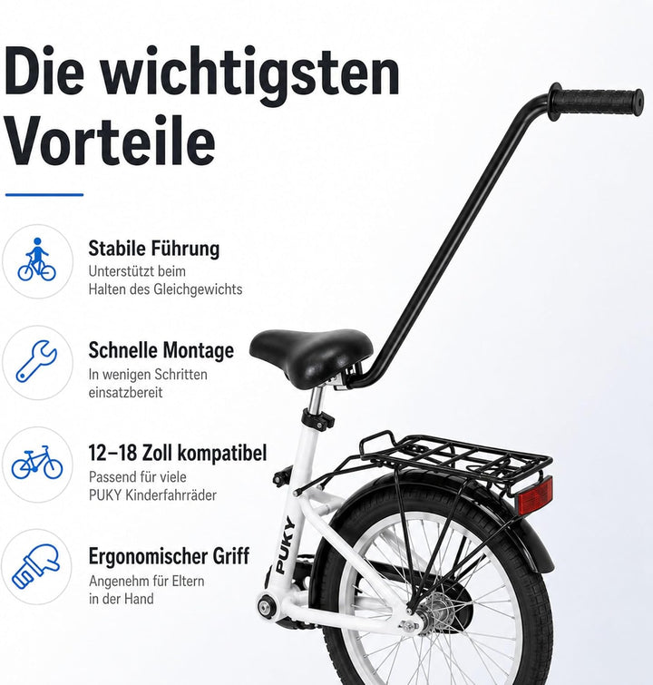 Puky Fahrradlernhilfe Sattel mit Schiebestange Schwarz & Windel Blaubaer | Schnelle Montage, Balance