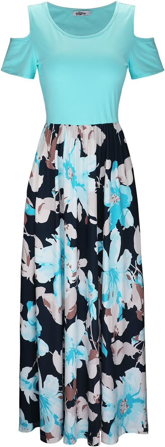 STYLEWORD Sommerkleid Damen Lang Maxikleid Sommer Elegant Freizeitkleid Kurzarm Kleider mit Taschen