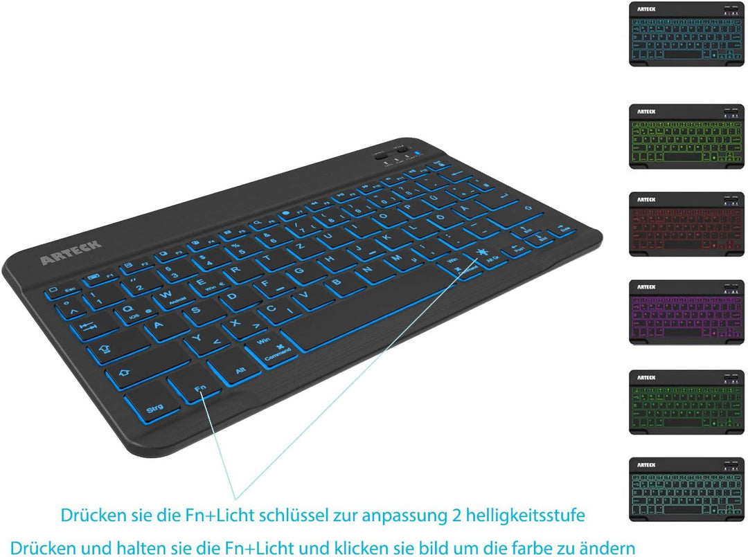 Arteck Bluethooth QWERTZ Deutsche Wireless Tastatur mit 7 Farben Ultraleicht und dünn Tragbare Kabel