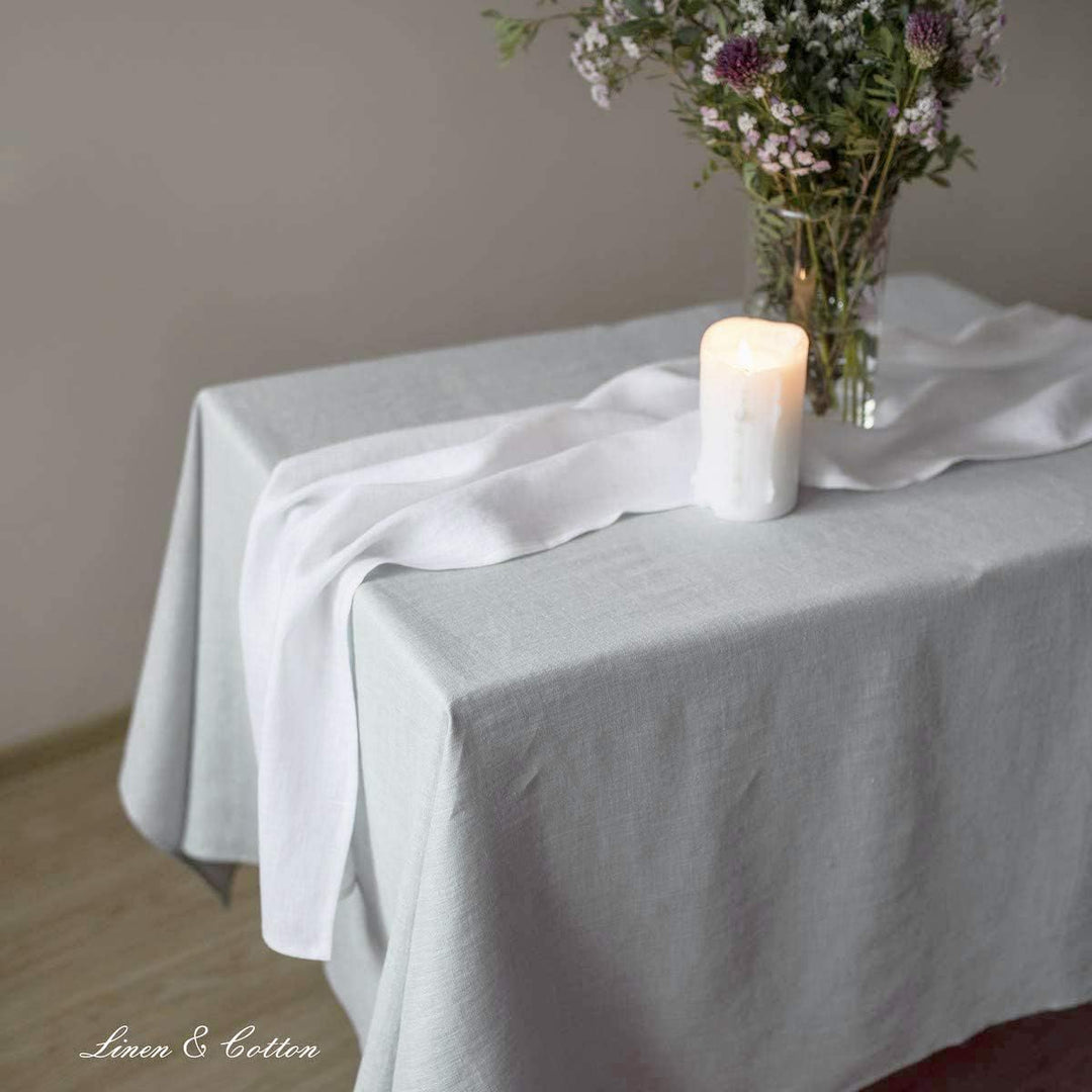 Linen &amp; Cotton Tischdecke Stoff Tischtuch Tischwäsche Hygge 100% Leinen, Hellgrau/Grau (140 x 220 cm