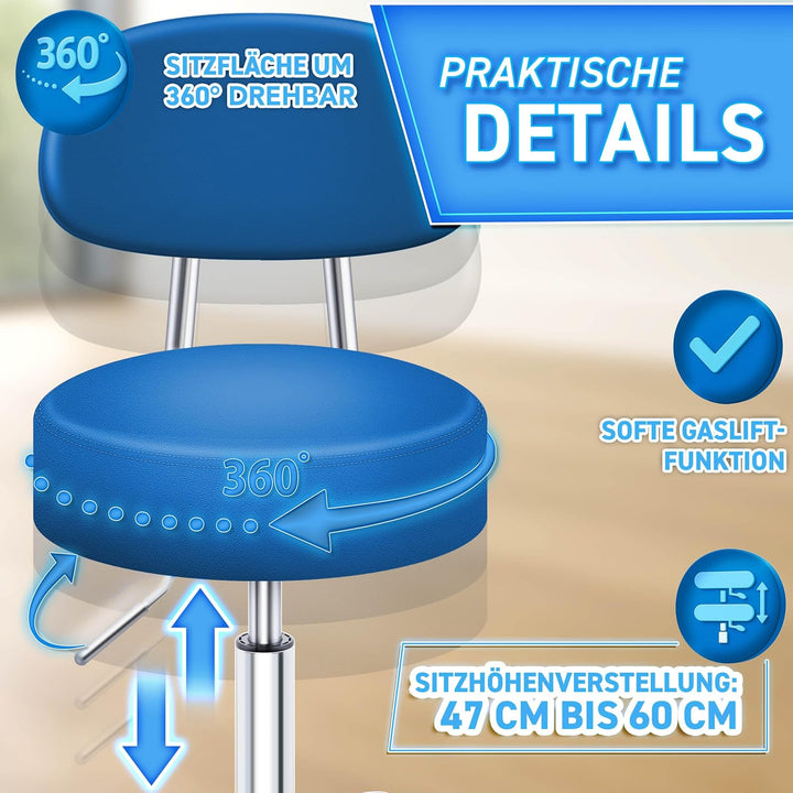 TRESKO® Rollhocker mit Lehne höhenverstellbar 10cm Dicke Polsterung Drehbar | Hocker 46-58cm | Arbei