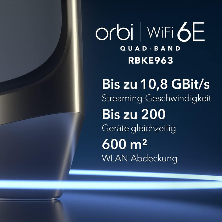 NETGEAR Orbi WiFi 6E Mesh Quad-Band WLAN System (RBKE963) | Router mit 2 Satelliten | Abdeckung bis