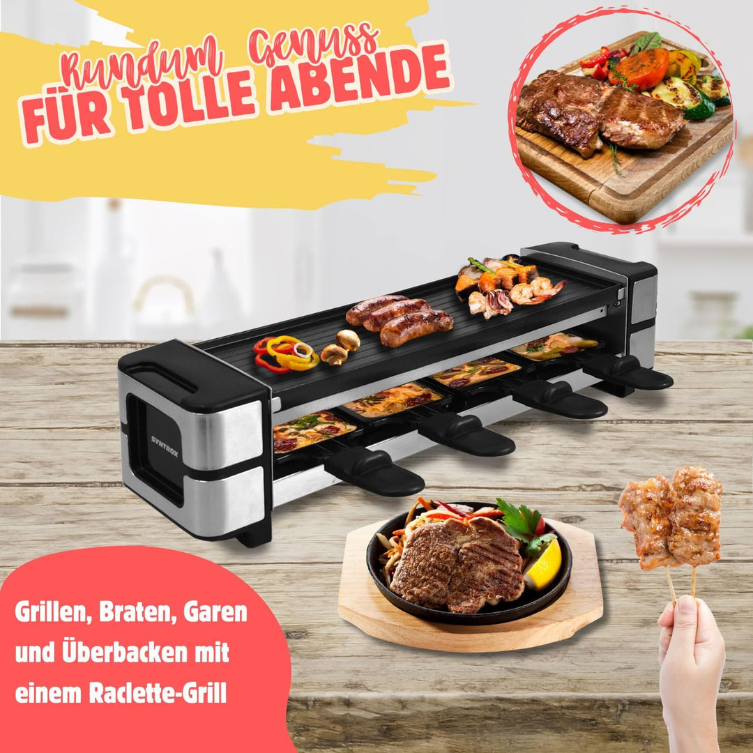 Syntrox Raclette Grill 4 Personen Ursli 600W, 4 Pfännchen 4 Spatel Antihaftbeschichtet, Stufenlose T