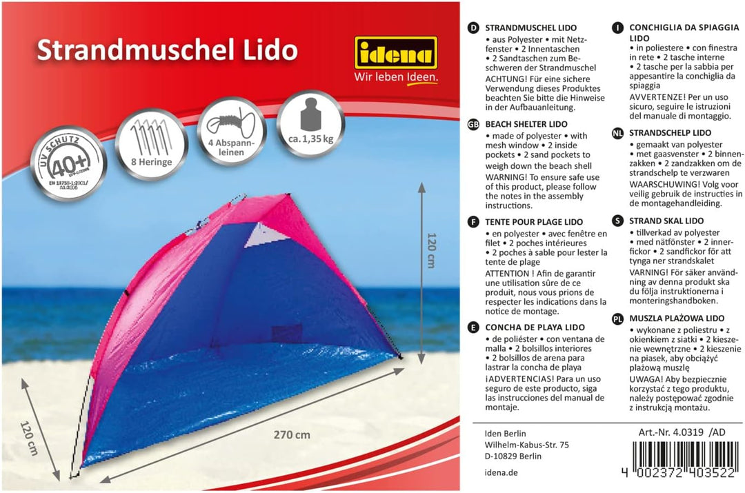 Idena 40319 - Strandmuschel Lido mit UV Schutz 40+, ca. 2,7 x 1,2 x 1,2 m, leicht und kompakt für de