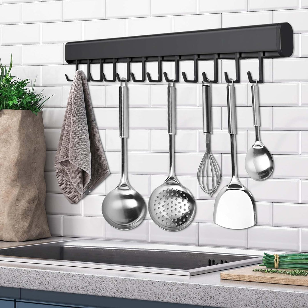 Hakenleiste Küche Ohne Bohren, 50CM Küchenleiste Selbstklebend mit 10 Beweglichen Haken, Küchenstang