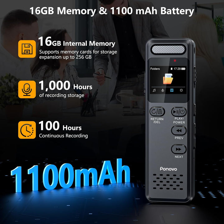 16GB Diktiergerät Digitale mit Spracherkennung, Ponovo Aufnahmegerät 100 Std Kontinuierliche Aufnahm