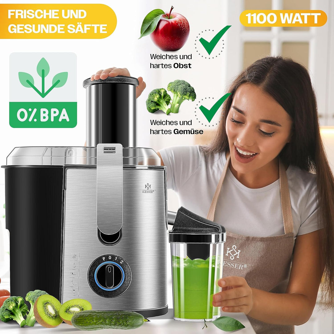 KESSER® Entsafter für Obst und Gemüse aus Edelstahl 1100W grosse 85 mm Einfüllöffnung inkl. Reinigun
