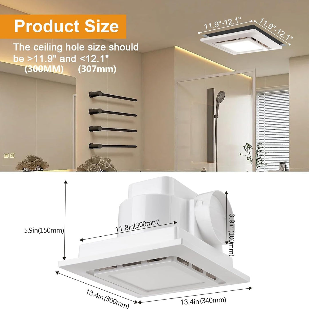 300mm Badlüfter mit LED Licht, Montageöffnung 300mm 12IN, 130 CFM, ultra-leiser 1,0-Sone-Abluftventi